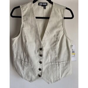 NWT DKNY Jeans Vest Women M Off-White Cotton Sleeveless V-Neck Casual Waistcoat